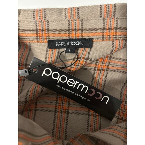Papermoon Flannel Shirt Top Size Large Tan & Orange Mixed Plaids Raw Edges NWT - Picture 7 of 9